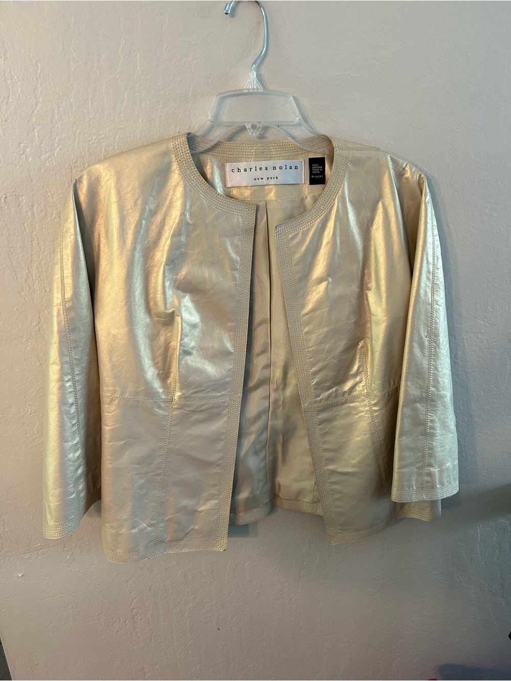 Charles Nolan Metallic Cream Collarless Leather Jacket